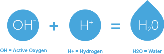 OH (Active Oxygen) + H+ (Hydrogen)  = h20 (Water)